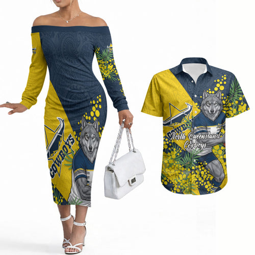 North Queensland Cowboys Couples Matching Off The Shoulder Long Sleeve Dress and Hawaiian Shirt Golden Wattle Floral Polynesian - Australian Flower - Rugby Mascot