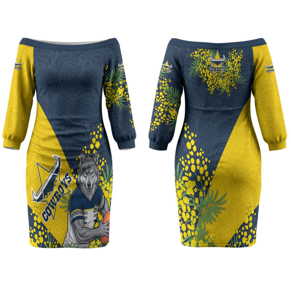 North Queensland Cowboys Couples Matching Off The Shoulder Long Sleeve Dress and Hawaiian Shirt Golden Wattle Floral Polynesian - Australian Flower - Rugby Mascot
