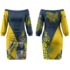 North Queensland Cowboys Couples Matching Off The Shoulder Long Sleeve Dress and Hawaiian Shirt Golden Wattle Floral Polynesian - Australian Flower - Rugby Mascot