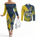 North Queensland Cowboys Couples Matching Off The Shoulder Long Sleeve Dress and Long Sleeve Button Shirt Golden Wattle Floral Polynesian - Australian Flower - Rugby Mascot