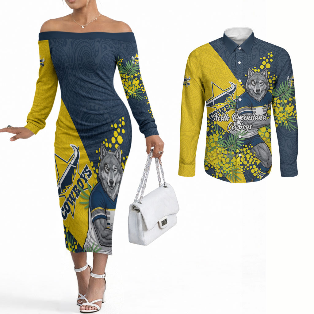 North Queensland Cowboys Couples Matching Off The Shoulder Long Sleeve Dress and Long Sleeve Button Shirt Golden Wattle Floral Polynesian - Australian Flower - Rugby Mascot