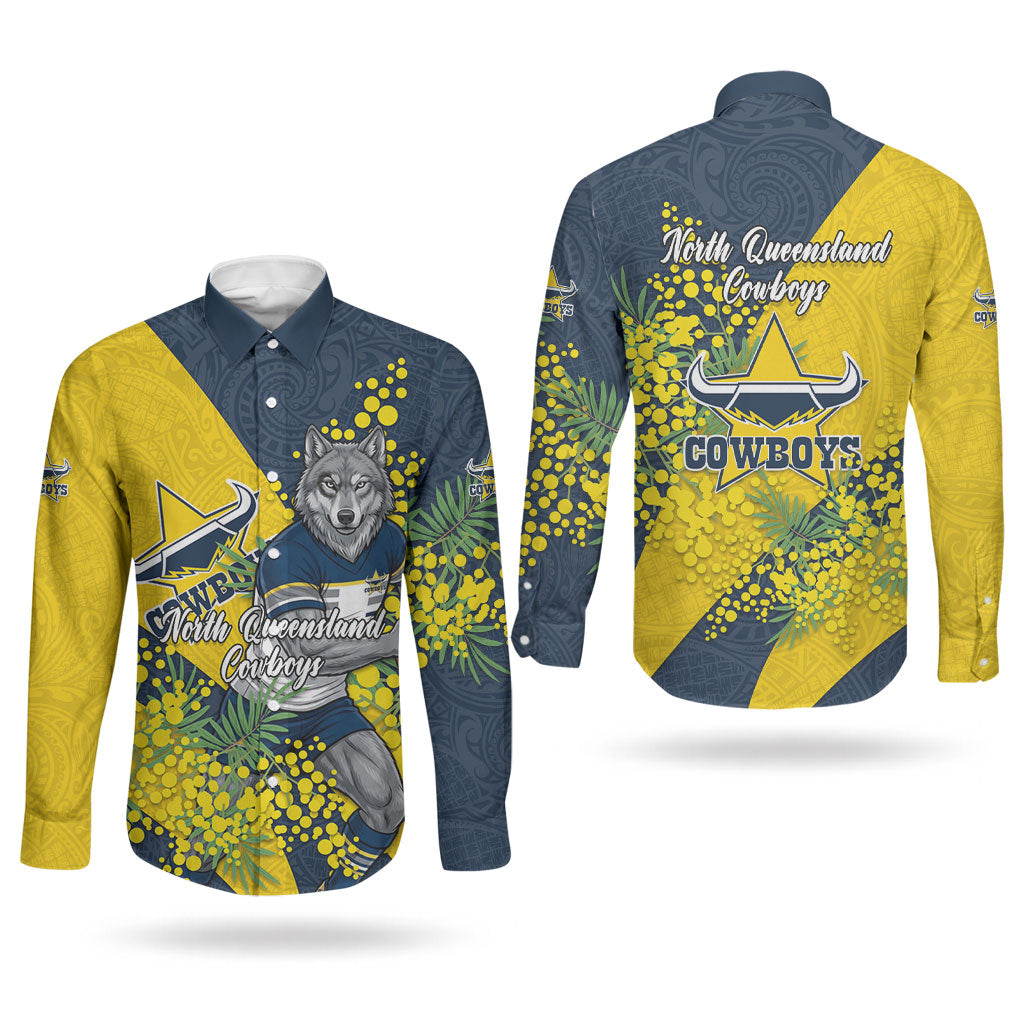 North Queensland Cowboys Couples Matching Off The Shoulder Long Sleeve Dress and Long Sleeve Button Shirt Golden Wattle Floral Polynesian - Australian Flower - Rugby Mascot