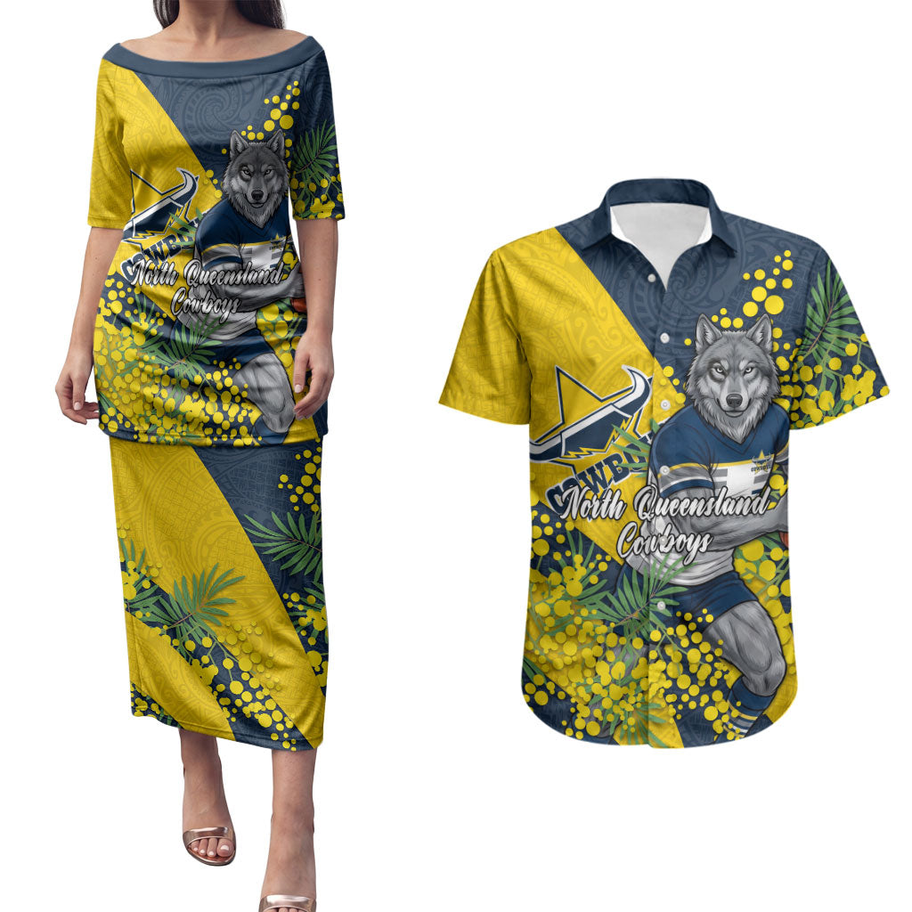 North Queensland Cowboys Couples Matching Puletasi and Hawaiian Shirt Golden Wattle Floral Polynesian - Australian Flower - Rugby Mascot