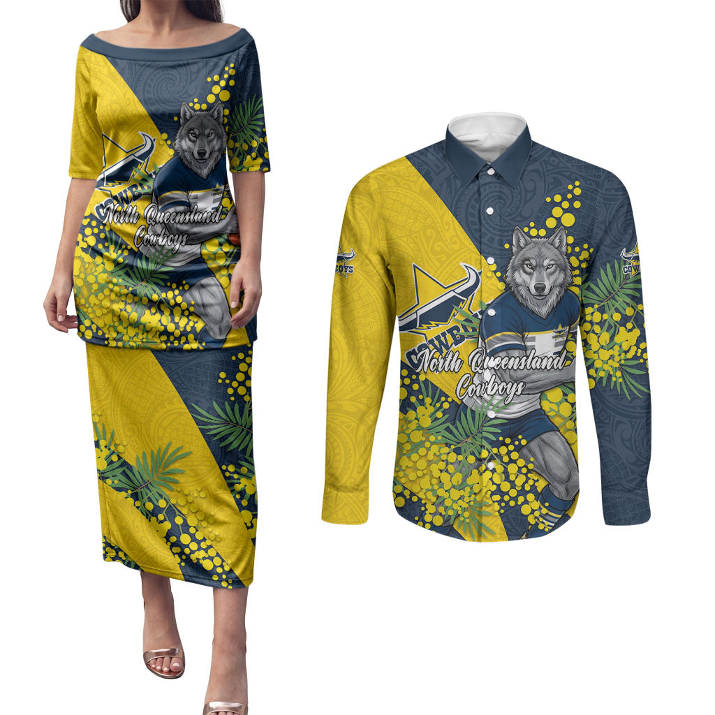 North Queensland Cowboys Couples Matching Puletasi and Long Sleeve Button Shirt Golden Wattle Floral Polynesian - Australian Flower - Rugby Mascot
