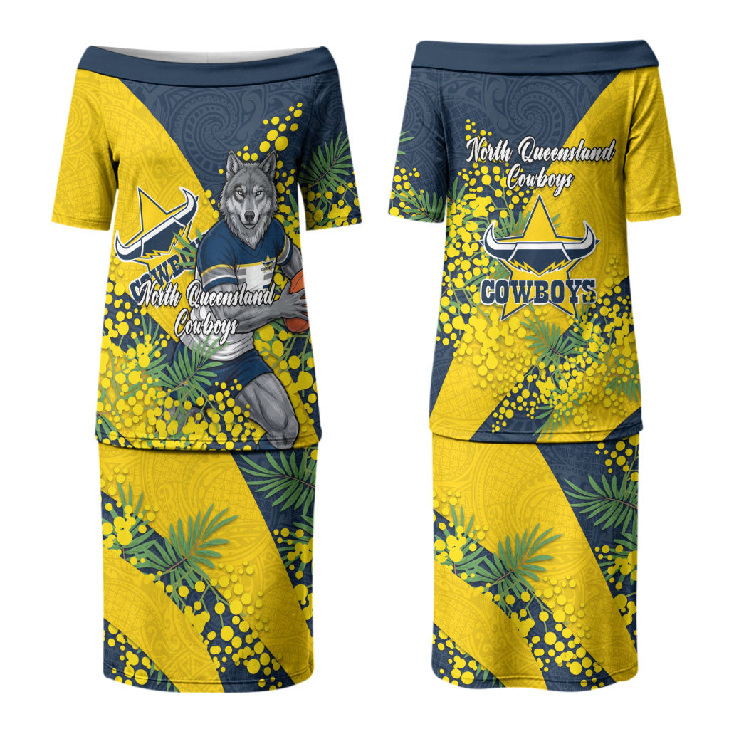 North Queensland Cowboys Couples Matching Puletasi and Long Sleeve Button Shirt Golden Wattle Floral Polynesian - Australian Flower - Rugby Mascot