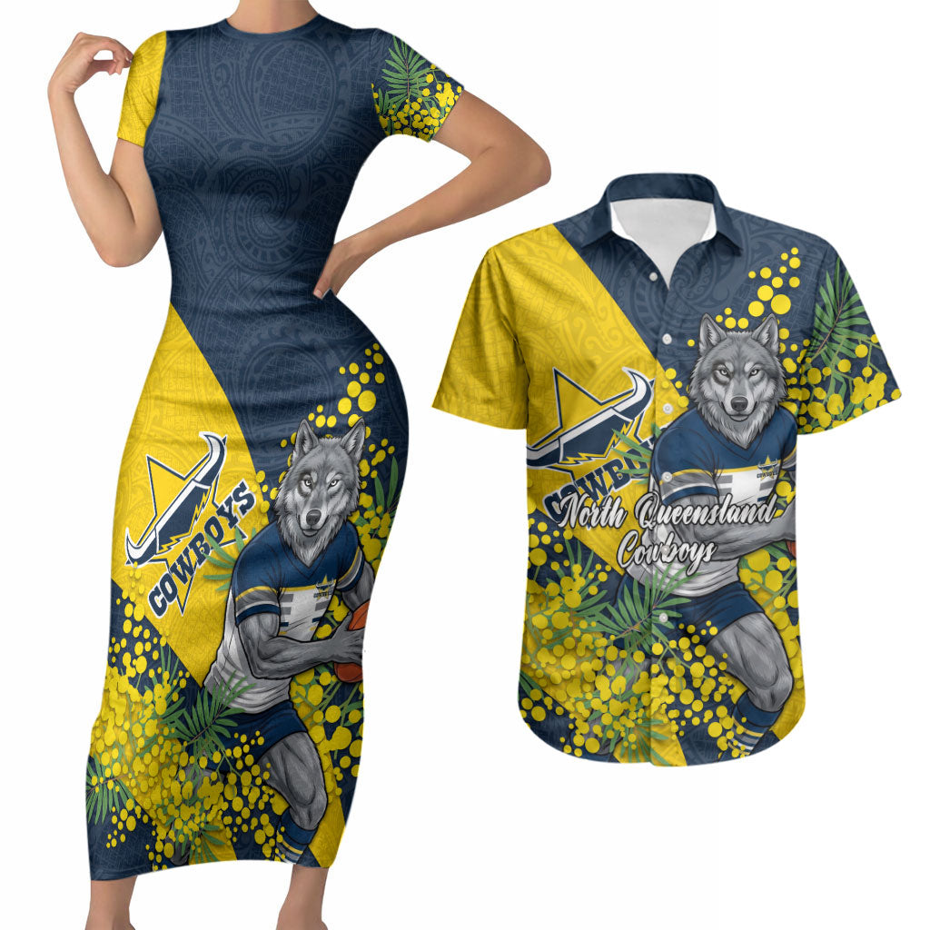 North Queensland Cowboys Couples Matching Short Sleeve Bodycon Dress and Hawaiian Shirt Golden Wattle Floral Polynesian - Australian Flower - Rugby Mascot