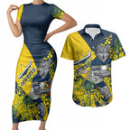 North Queensland Cowboys Couples Matching Short Sleeve Bodycon Dress and Hawaiian Shirt Golden Wattle Floral Polynesian - Australian Flower - Rugby Mascot