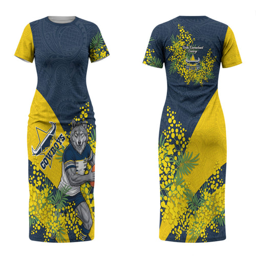 North Queensland Cowboys Couples Matching Short Sleeve Bodycon Dress and Hawaiian Shirt Golden Wattle Floral Polynesian - Australian Flower - Rugby Mascot