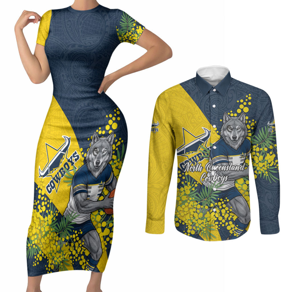 North Queensland Cowboys Couples Matching Short Sleeve Bodycon Dress and Long Sleeve Button Shirt Golden Wattle Floral Polynesian - Australian Flower - Rugby Mascot