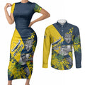 North Queensland Cowboys Couples Matching Short Sleeve Bodycon Dress and Long Sleeve Button Shirt Golden Wattle Floral Polynesian - Australian Flower - Rugby Mascot