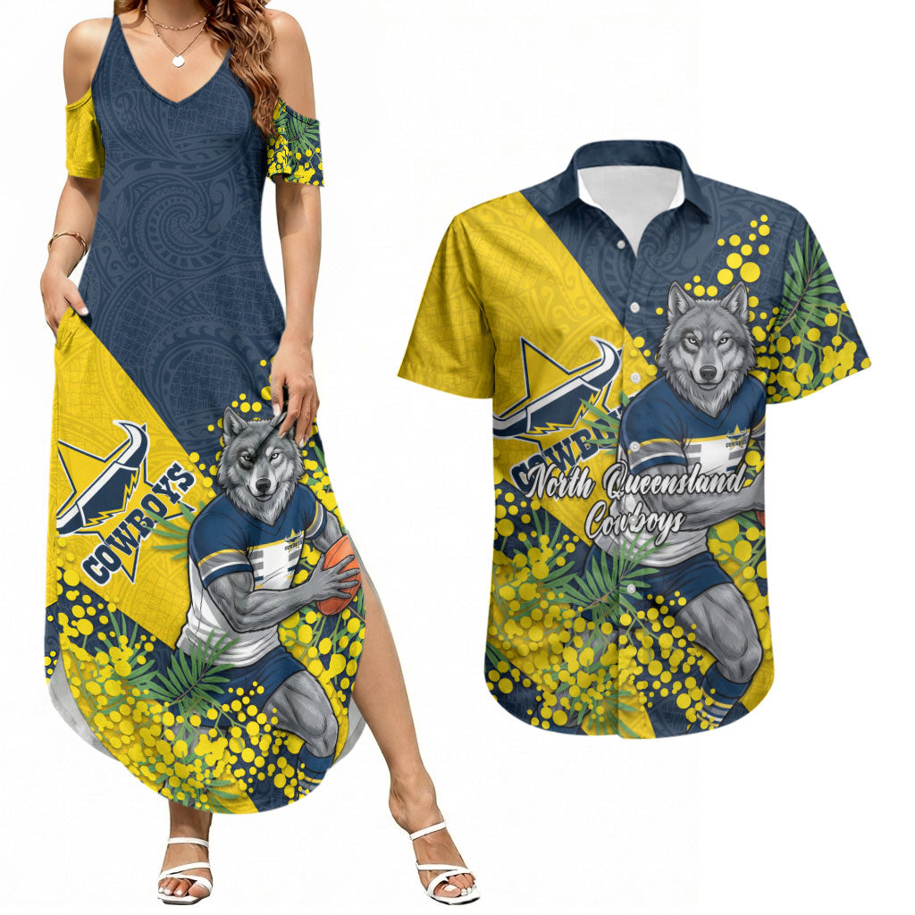 North Queensland Cowboys Couples Matching Summer Maxi Dress and Hawaiian Shirt Golden Wattle Floral Polynesian - Australian Flower - Rugby Mascot