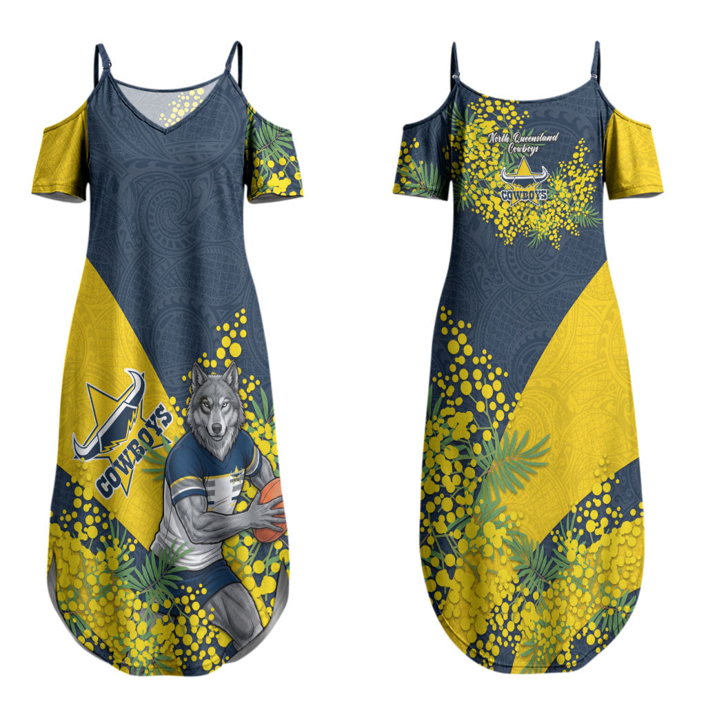 North Queensland Cowboys Couples Matching Summer Maxi Dress and Hawaiian Shirt Golden Wattle Floral Polynesian - Australian Flower - Rugby Mascot