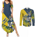 North Queensland Cowboys Couples Matching Summer Maxi Dress and Long Sleeve Button Shirt Golden Wattle Floral Polynesian - Australian Flower - Rugby Mascot