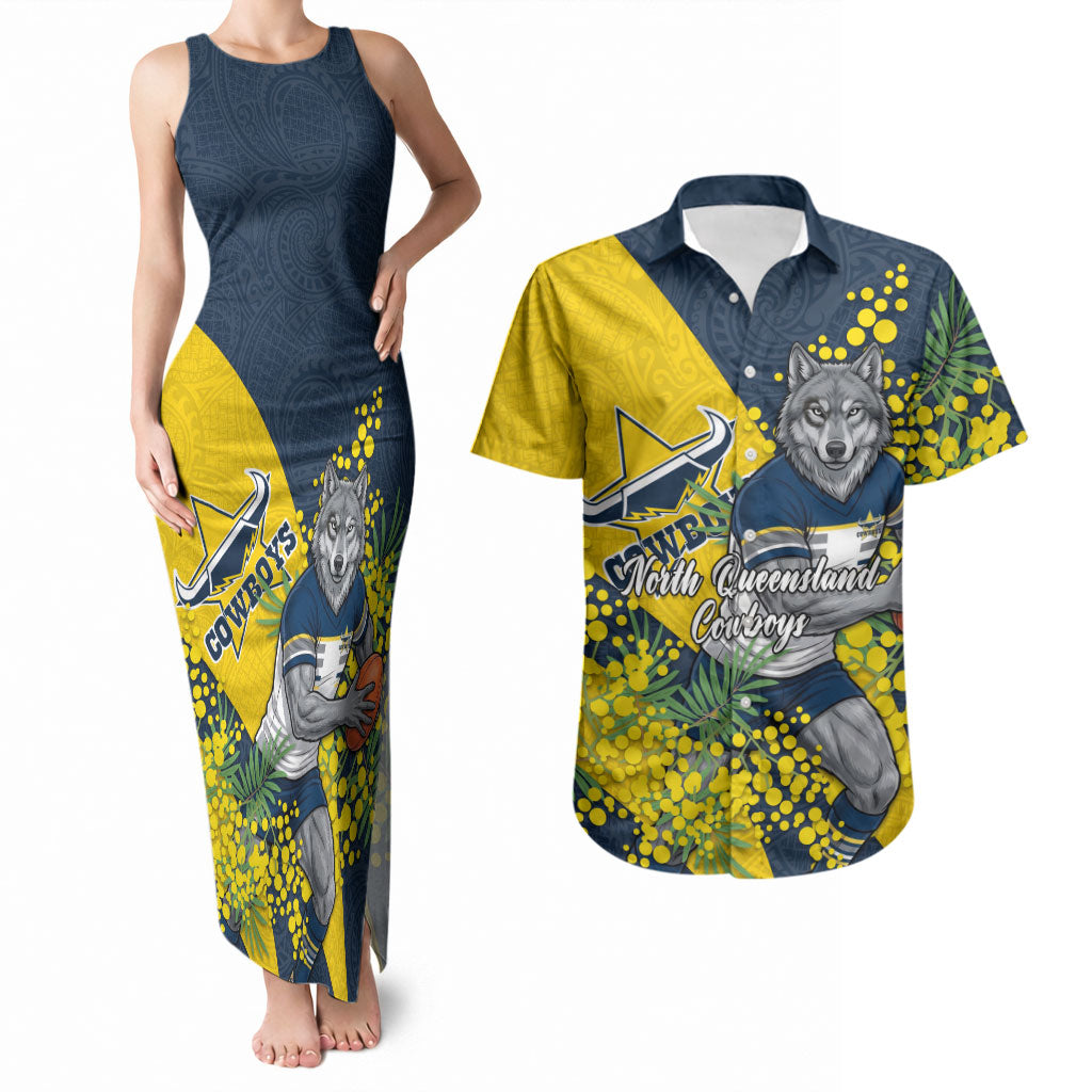 North Queensland Cowboys Couples Matching Tank Maxi Dress and Hawaiian Shirt Golden Wattle Floral Polynesian - Australian Flower - Rugby Mascot