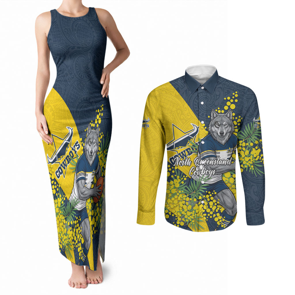 North Queensland Cowboys Couples Matching Tank Maxi Dress and Long Sleeve Button Shirt Golden Wattle Floral Polynesian - Australian Flower - Rugby Mascot