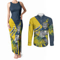North Queensland Cowboys Couples Matching Tank Maxi Dress and Long Sleeve Button Shirt Golden Wattle Floral Polynesian - Australian Flower - Rugby Mascot