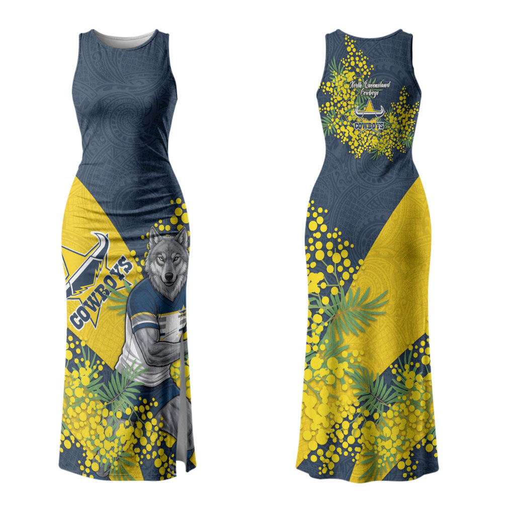 North Queensland Cowboys Couples Matching Tank Maxi Dress and Long Sleeve Button Shirt Golden Wattle Floral Polynesian - Australian Flower - Rugby Mascot