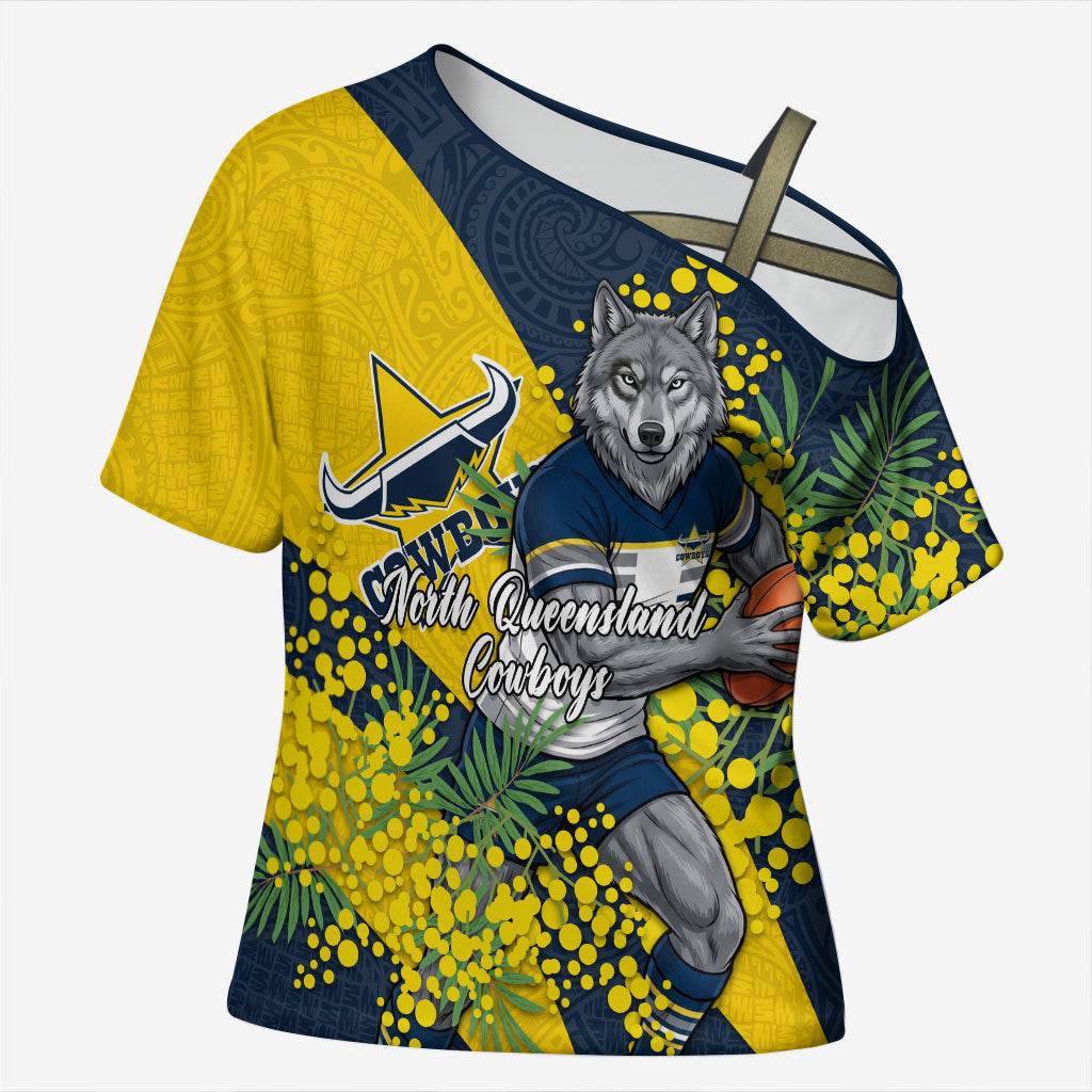 North Queensland Cowboys Cross Shoulder Shirt Golden Wattle Floral Polynesian - Australian Flower - Rugby Mascot