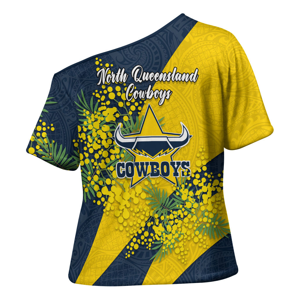 North Queensland Cowboys Cross Shoulder Shirt Golden Wattle Floral Polynesian - Australian Flower - Rugby Mascot