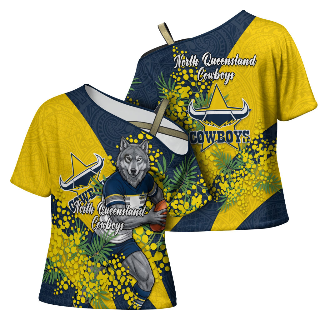 North Queensland Cowboys Cross Shoulder Shirt Golden Wattle Floral Polynesian - Australian Flower - Rugby Mascot