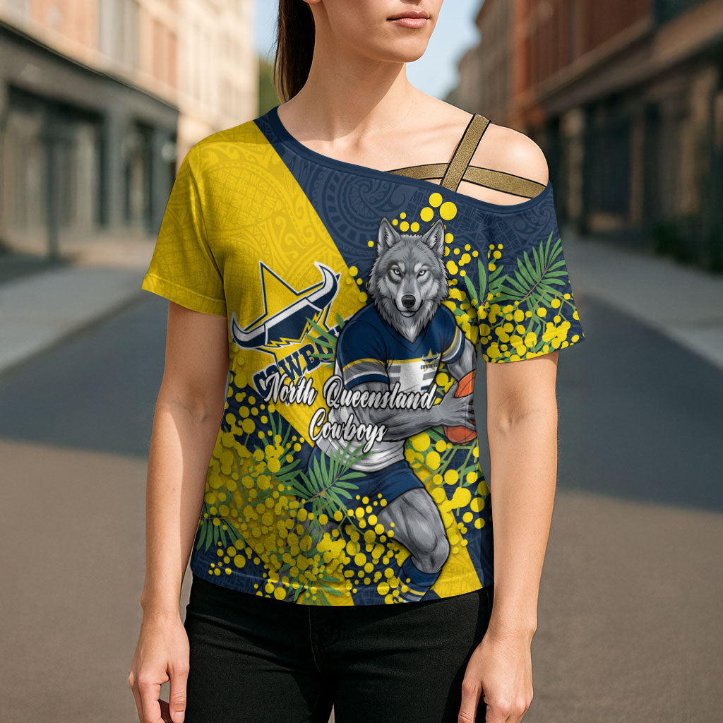 North Queensland Cowboys Cross Shoulder Shirt Golden Wattle Floral Polynesian - Australian Flower - Rugby Mascot