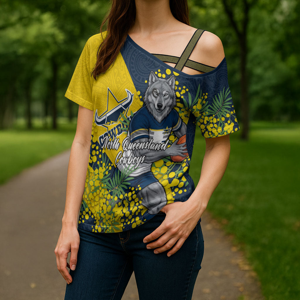 North Queensland Cowboys Cross Shoulder Shirt Golden Wattle Floral Polynesian - Australian Flower - Rugby Mascot