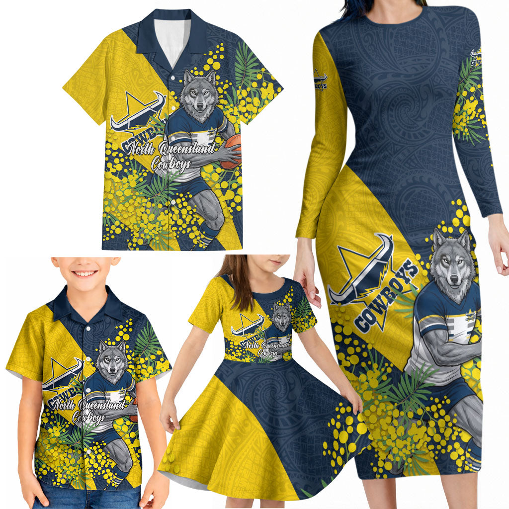 North Queensland Cowboys Family Matching Long Sleeve Bodycon Dress and Hawaiian Shirt Golden Wattle Floral Polynesian - Australian Flower - Rugby Mascot