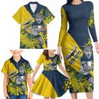 North Queensland Cowboys Family Matching Long Sleeve Bodycon Dress and Hawaiian Shirt Golden Wattle Floral Polynesian - Australian Flower - Rugby Mascot