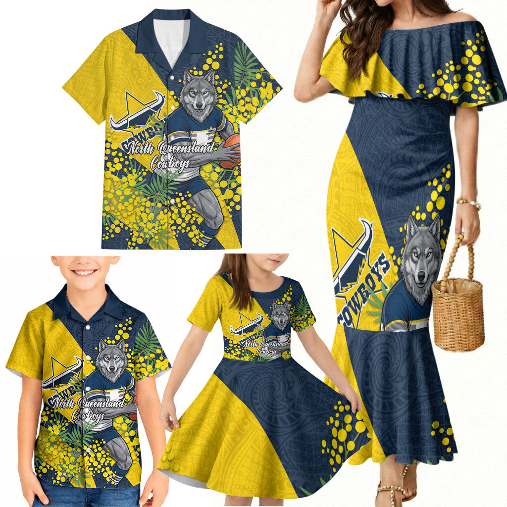 North Queensland Cowboys Family Matching Mermaid Dress and Hawaiian Shirt Golden Wattle Floral Polynesian - Australian Flower - Rugby Mascot