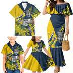 North Queensland Cowboys Family Matching Mermaid Dress and Hawaiian Shirt Golden Wattle Floral Polynesian - Australian Flower - Rugby Mascot