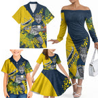 North Queensland Cowboys Family Matching Off The Shoulder Long Sleeve Dress and Hawaiian Shirt Golden Wattle Floral Polynesian - Australian Flower - Rugby Mascot