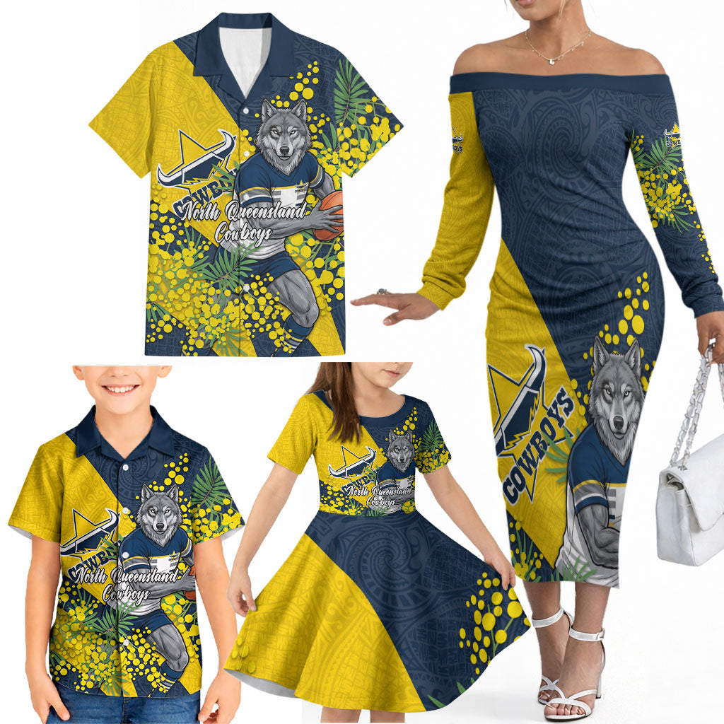 North Queensland Cowboys Family Matching Off The Shoulder Long Sleeve Dress and Hawaiian Shirt Golden Wattle Floral Polynesian - Australian Flower - Rugby Mascot