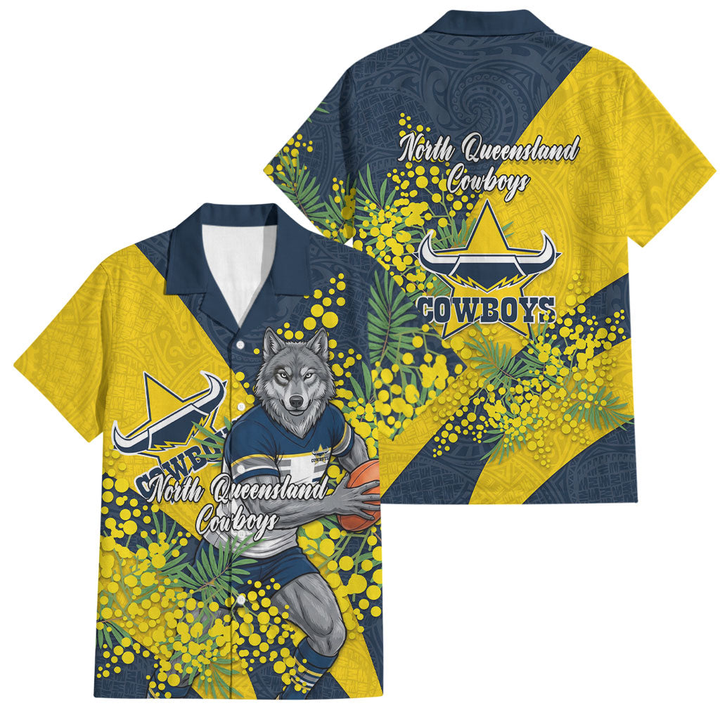 North Queensland Cowboys Family Matching Off The Shoulder Long Sleeve Dress and Hawaiian Shirt Golden Wattle Floral Polynesian - Australian Flower - Rugby Mascot