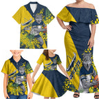 North Queensland Cowboys Family Matching Off Shoulder Maxi Dress and Hawaiian Shirt Golden Wattle Floral Polynesian - Australian Flower - Rugby Mascot