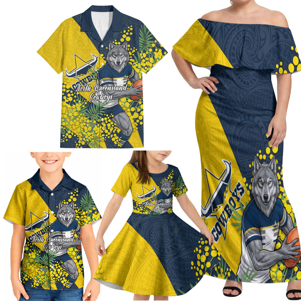 North Queensland Cowboys Family Matching Off Shoulder Maxi Dress and Hawaiian Shirt Golden Wattle Floral Polynesian - Australian Flower - Rugby Mascot