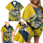North Queensland Cowboys Family Matching Off Shoulder Short Dress and Hawaiian Shirt Golden Wattle Floral Polynesian - Australian Flower - Rugby Mascot