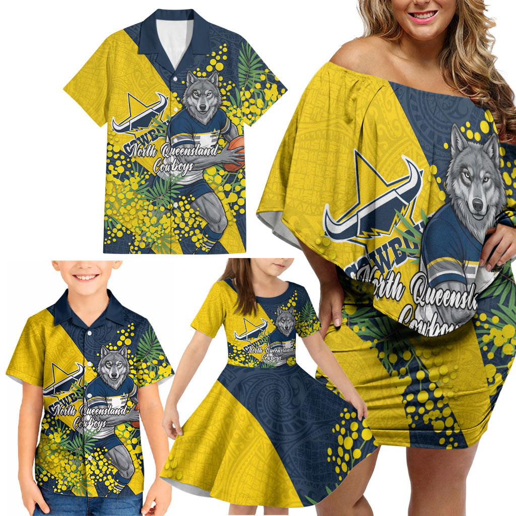 North Queensland Cowboys Family Matching Off Shoulder Short Dress and Hawaiian Shirt Golden Wattle Floral Polynesian - Australian Flower - Rugby Mascot