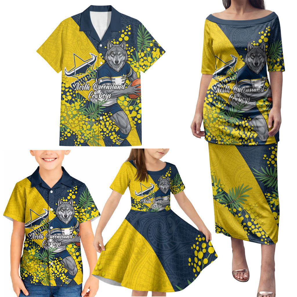 North Queensland Cowboys Family Matching Puletasi and Hawaiian Shirt Golden Wattle Floral Polynesian - Australian Flower - Rugby Mascot