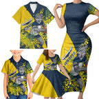 North Queensland Cowboys Family Matching Short Sleeve Bodycon Dress and Hawaiian Shirt Golden Wattle Floral Polynesian - Australian Flower - Rugby Mascot