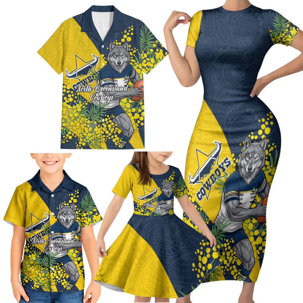 North Queensland Cowboys Family Matching Short Sleeve Bodycon Dress and Hawaiian Shirt Golden Wattle Floral Polynesian - Australian Flower - Rugby Mascot