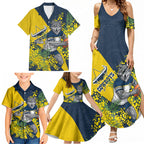 North Queensland Cowboys Family Matching Summer Maxi Dress and Hawaiian Shirt Golden Wattle Floral Polynesian - Australian Flower - Rugby Mascot