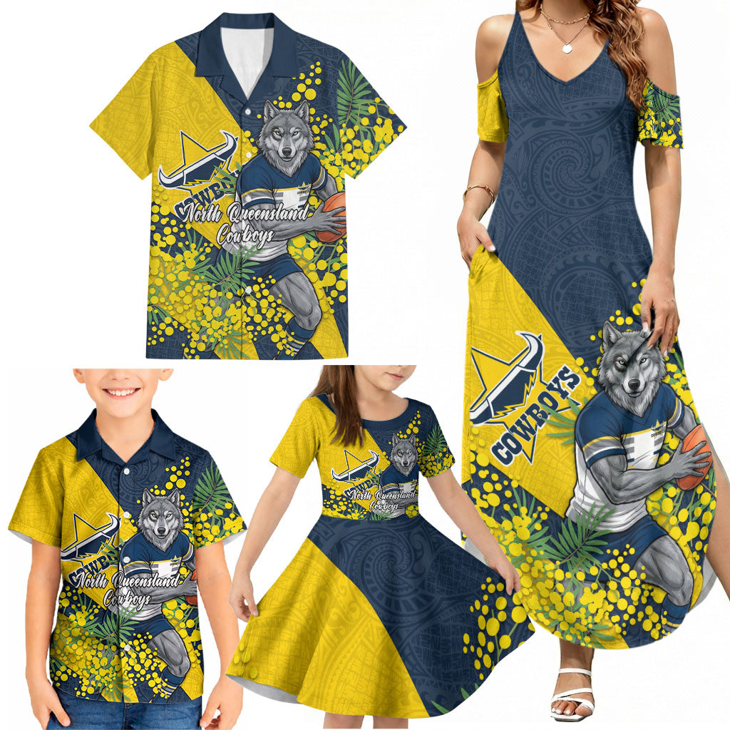 North Queensland Cowboys Family Matching Summer Maxi Dress and Hawaiian Shirt Golden Wattle Floral Polynesian - Australian Flower - Rugby Mascot