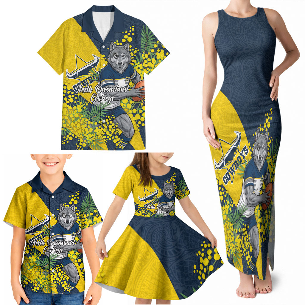 North Queensland Cowboys Family Matching Tank Maxi Dress and Hawaiian Shirt Golden Wattle Floral Polynesian - Australian Flower - Rugby Mascot