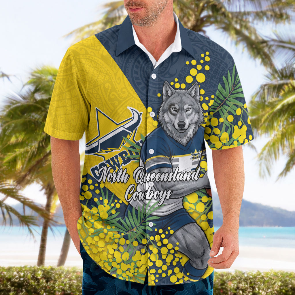 North Queensland Cowboys Hawaiian Shirt Golden Wattle Floral Polynesian - Australian Flower - Rugby Mascot