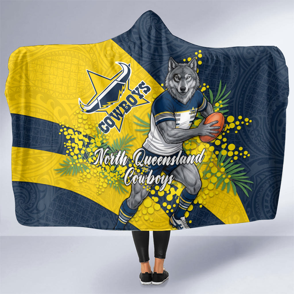 North Queensland Cowboys Hooded Blanket Golden Wattle Floral Polynesian - Australian Flower - Rugby Mascot