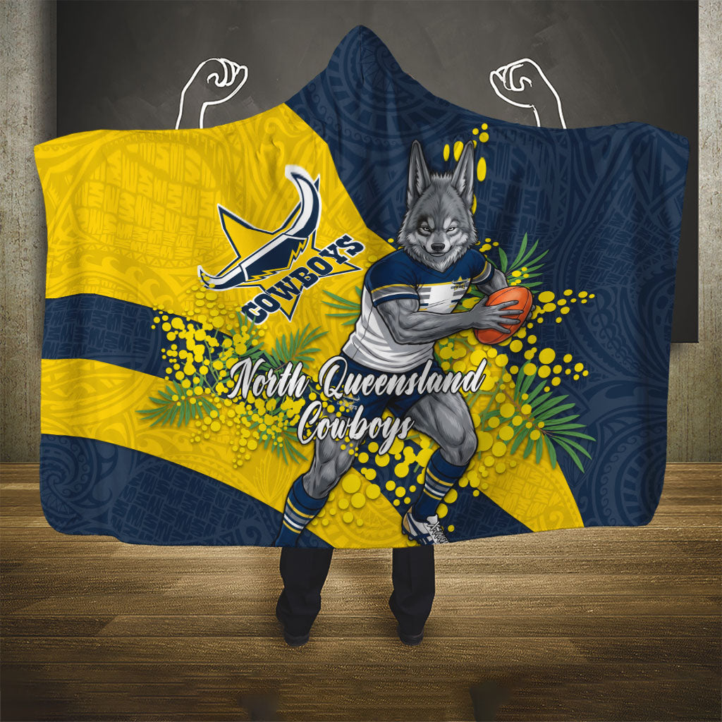 North Queensland Cowboys Hooded Blanket Golden Wattle Floral Polynesian - Australian Flower - Rugby Mascot