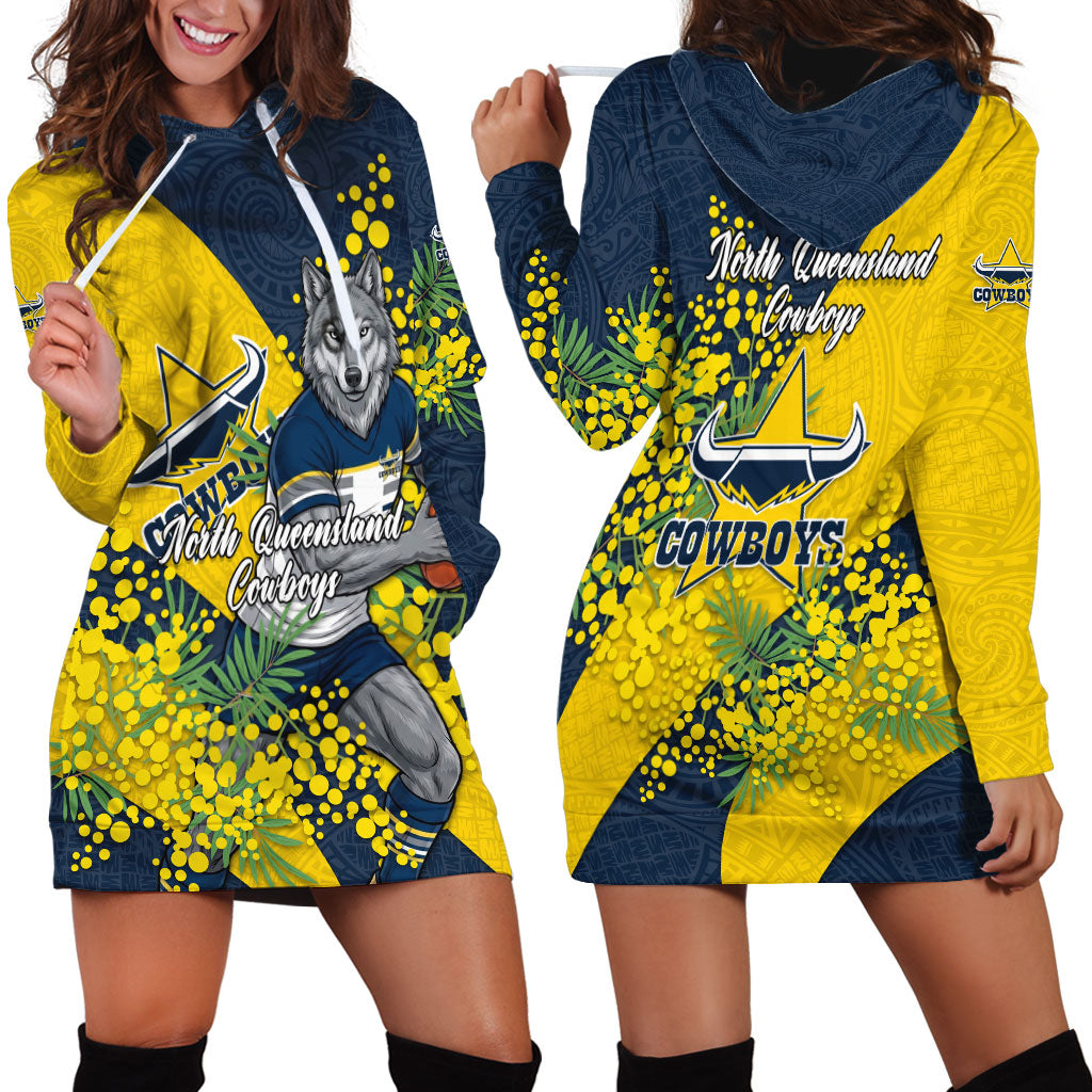 North Queensland Cowboys Hoodie Dress Golden Wattle Floral Polynesian - Australian Flower - Rugby Mascot