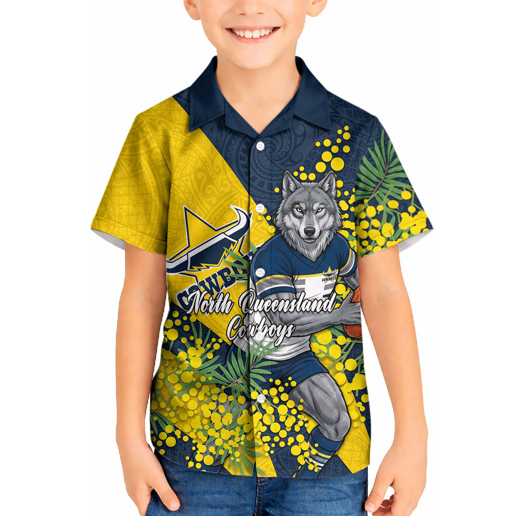 North Queensland Cowboys Kid Hawaiian Shirt Golden Wattle Floral Polynesian - Australian Flower - Rugby Mascot