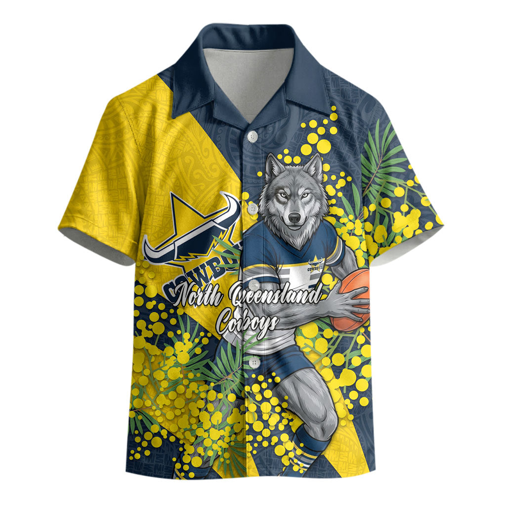North Queensland Cowboys Kid Hawaiian Shirt Golden Wattle Floral Polynesian - Australian Flower - Rugby Mascot
