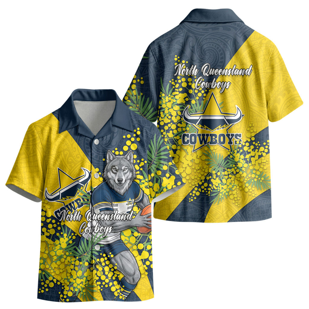 North Queensland Cowboys Kid Hawaiian Shirt Golden Wattle Floral Polynesian - Australian Flower - Rugby Mascot
